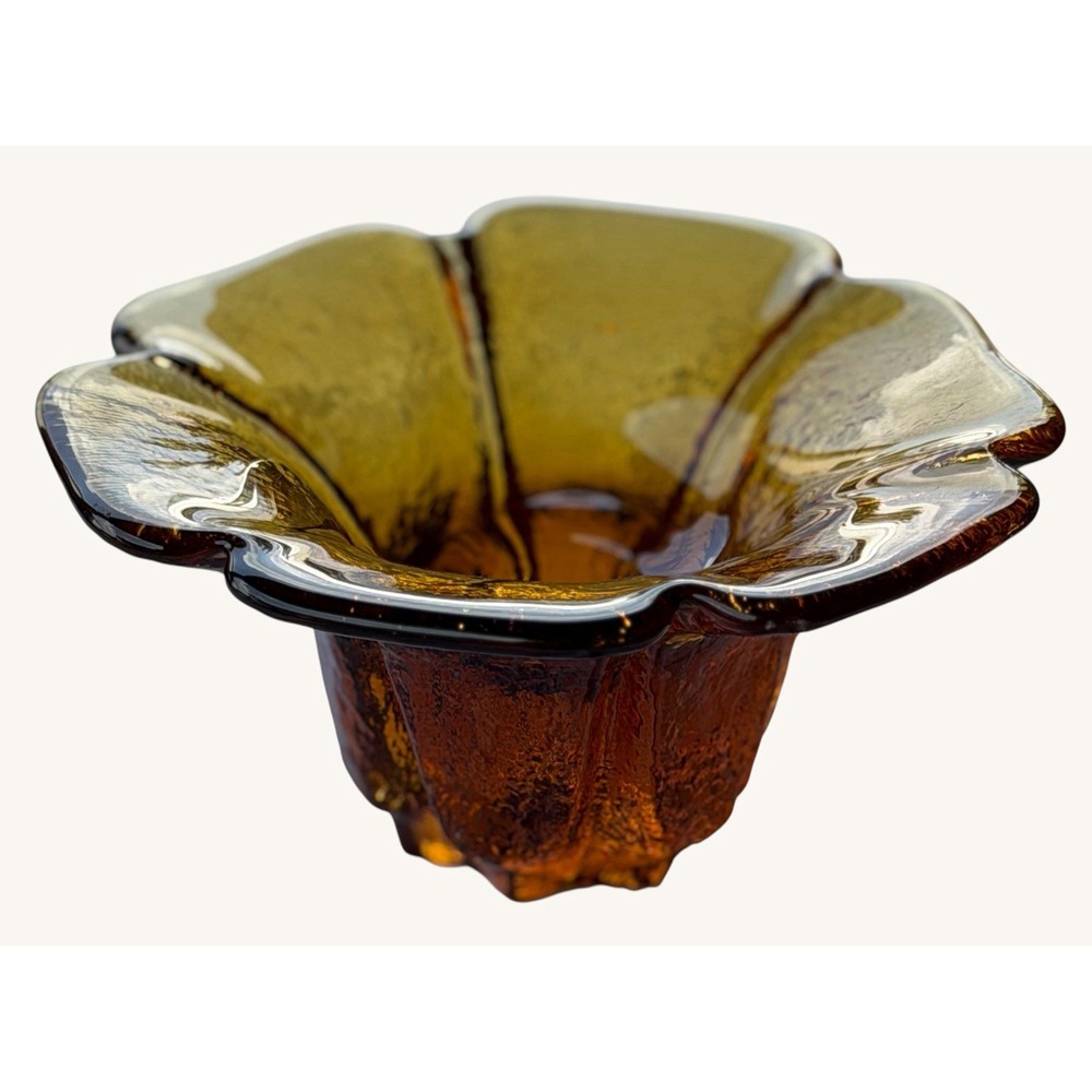 Vintage Blenko Glass Candle Holder Amber Ruffled Flower Petal Taper Candles